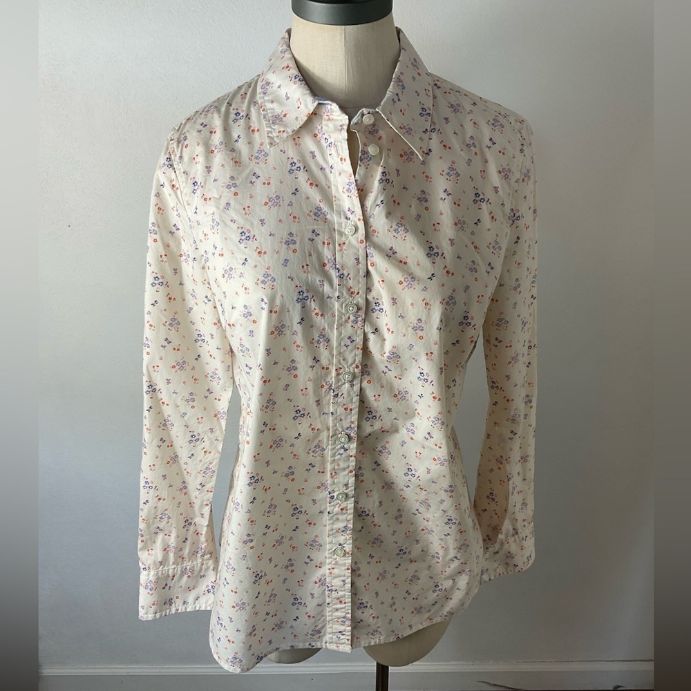TALBOTS Cream Orange Blue Butterfly Flowers Button Cotton Blouse Sz S